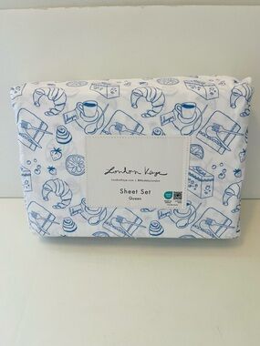 London Kaye Parisian Pastry Queen Size Sheet Set White Blue Coffee Croissant